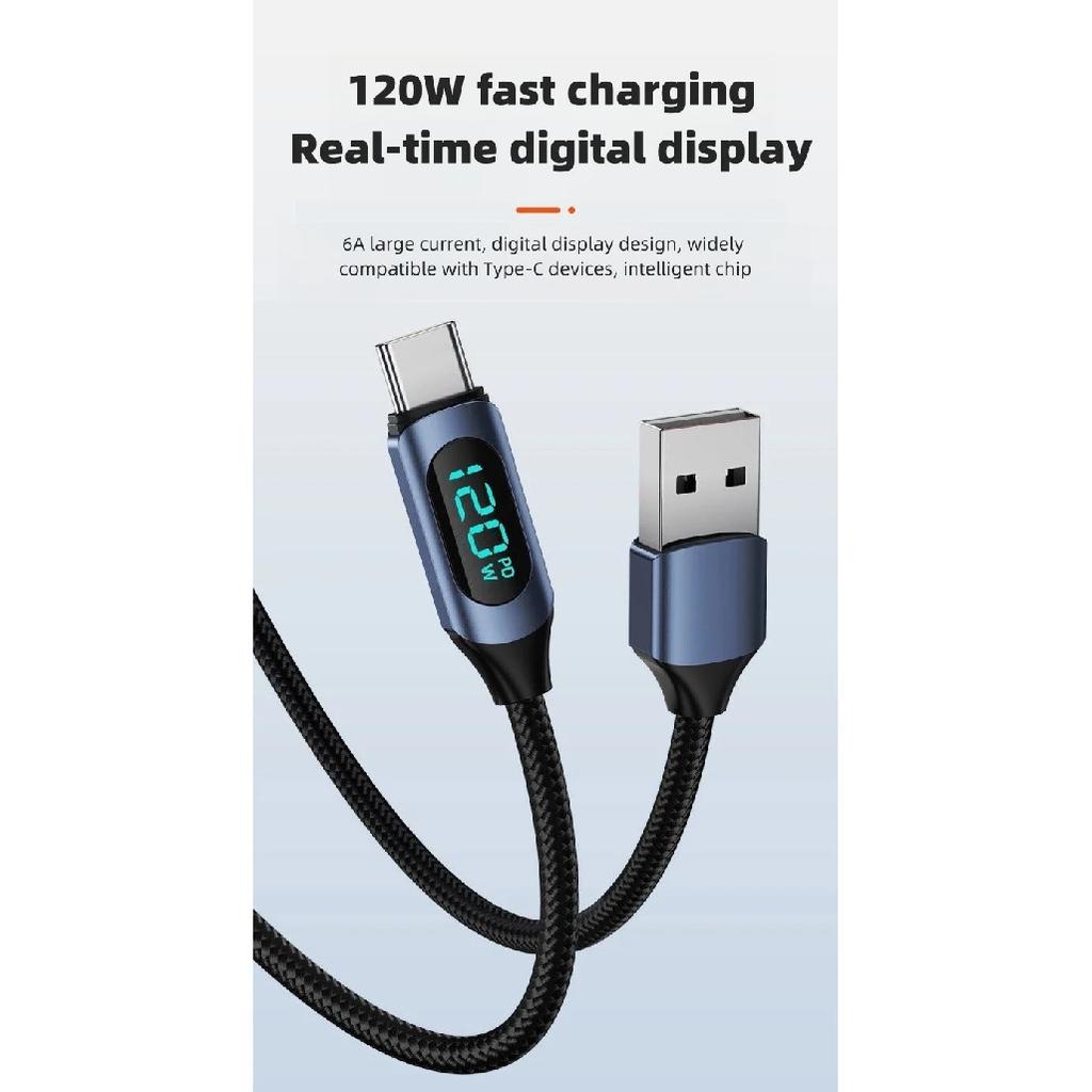 120 Вт USB A на Type C Светодиодный Цифровой Дисплей Быстрая Зарядка Кабель для Данных Нейлоновая Оплетка USB Шнур для Зарядки Type C на Type C PD 6A USB Кабель