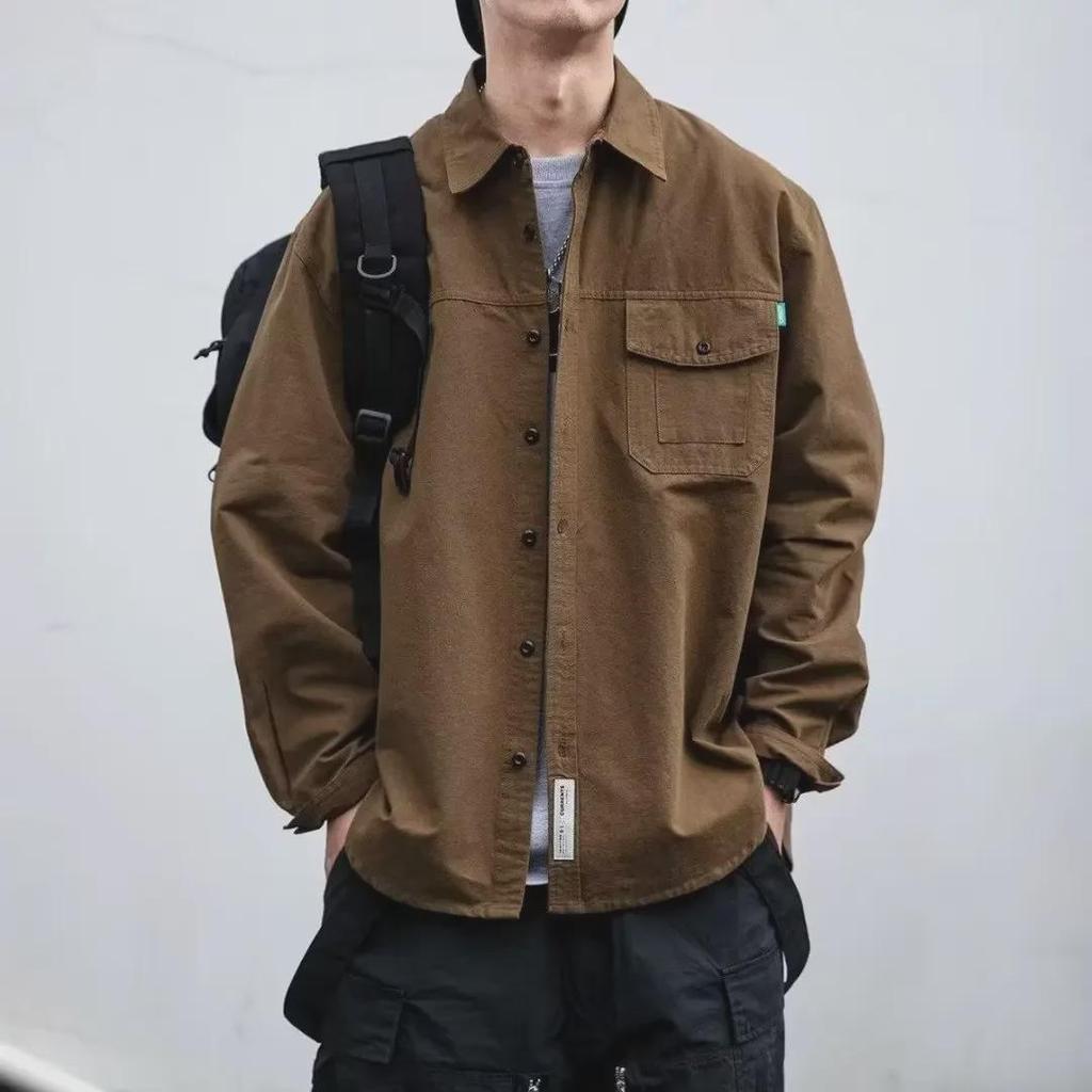Japanese Retro Solid Color Men's Casual Work Shirt - Spring/Fall Loose Basic Style Jacket