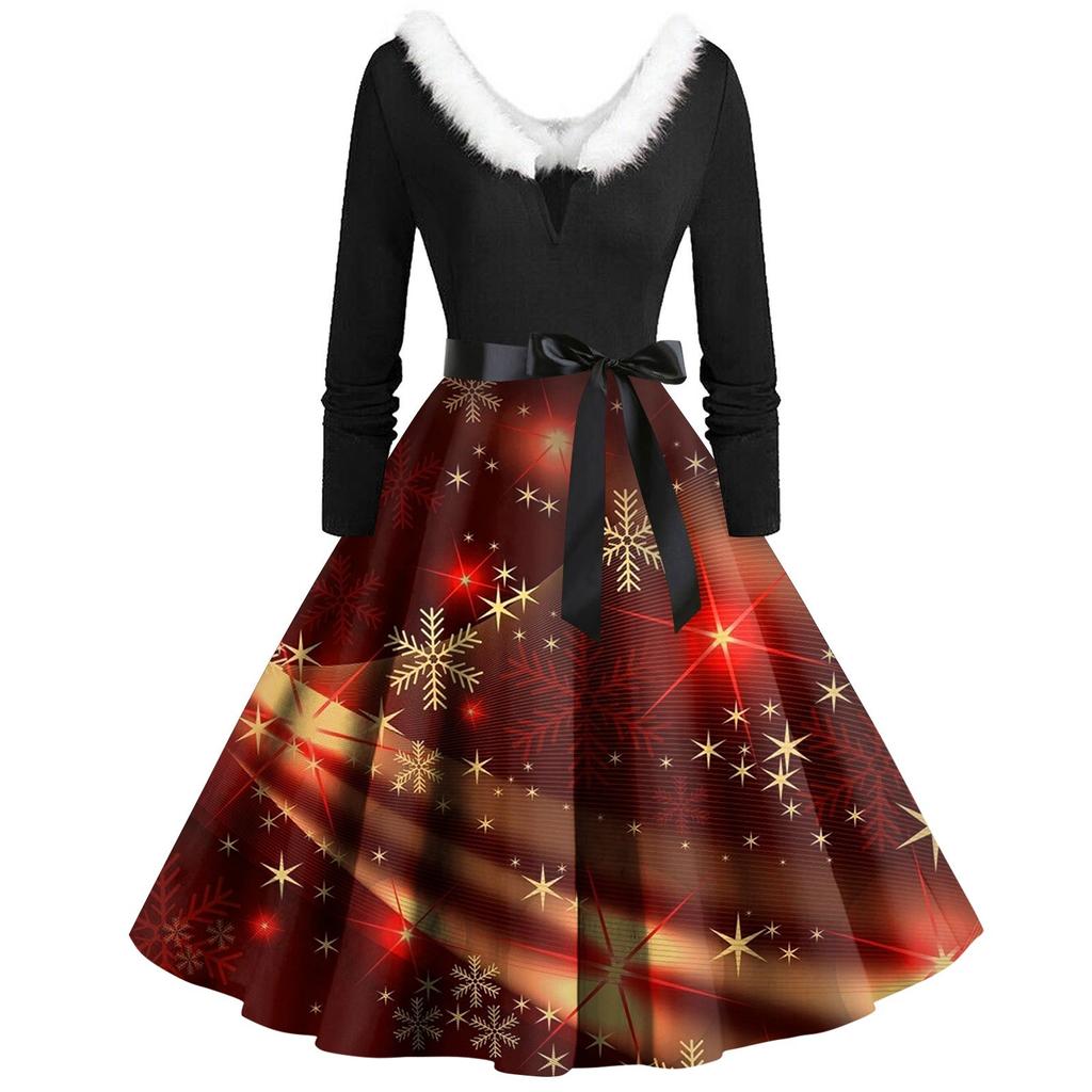 Женское винтажное платье с длинным рукавом и рождественским принтом в стиле 1950-х годов для вечеринки, выпускного вечера, для домохозяйки