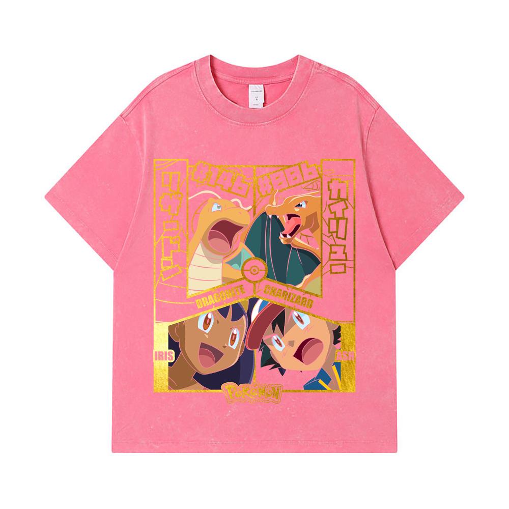 275 GSM Washed T-shirts 100% Cotton Pokemon V24 Dragonite Charizard Print Unisex Heavy Cotton T Shirt