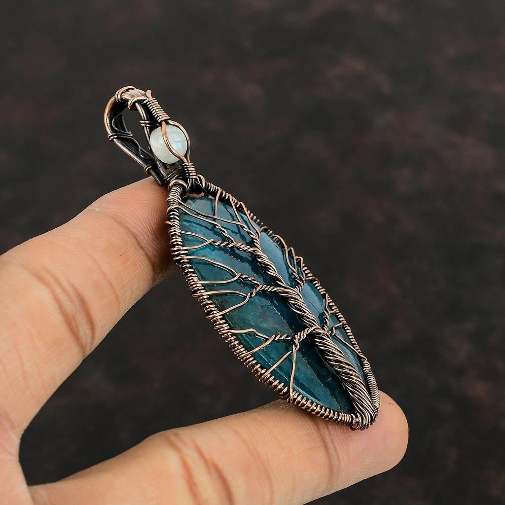 Tree Of Life Neon Apatite Pendant Copper Wire Wrapped Pendant Handmade Unique Pendant Rainbow Moonstone Pendant Gemstone Copper Wire Jewelry