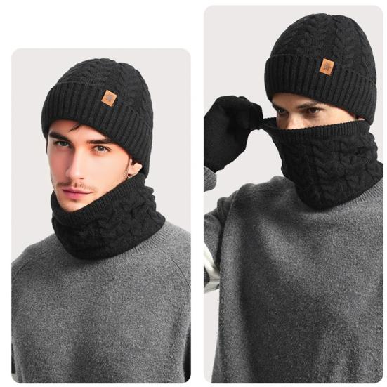 3Pcs/Set Men Hat Scarf Gloves Set Solid Color Twist Texture Brimless Hat Neckerchief Knitting Gloves Set Winter Accessories