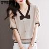 Women's Ice Silk Sleeve Top Short Sleeve T-shirt Summer Loose Slimming Bow Thin Knitted T-shirt