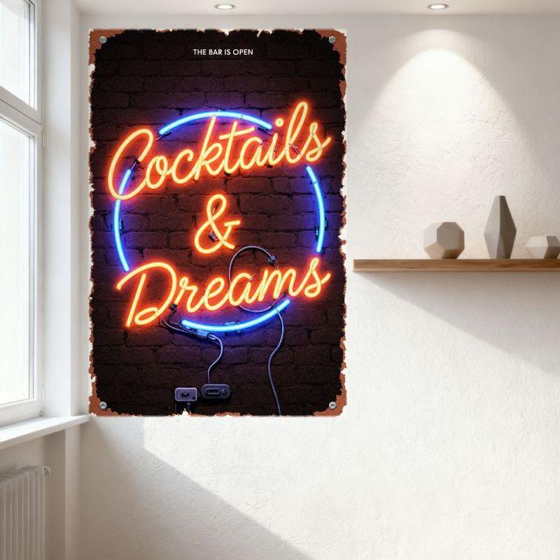 Vintage 'Cocktails & Dreams' Neon Sign Tin Sign, Retro Brick Wall Bar Pub Decor, Man Cave Wall Plaque for Cafe Restaurant Home B