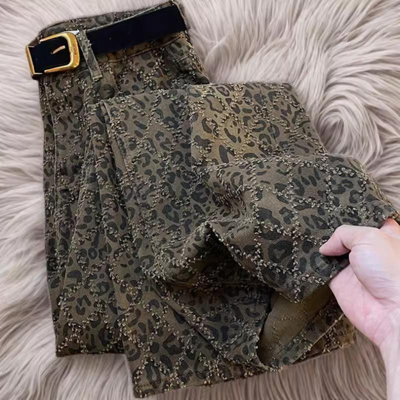 Leopard Print High Waist Slim Jeans for Women's Street Wear 2025 Spring and Autumn Vintage Casual Straight Pants
