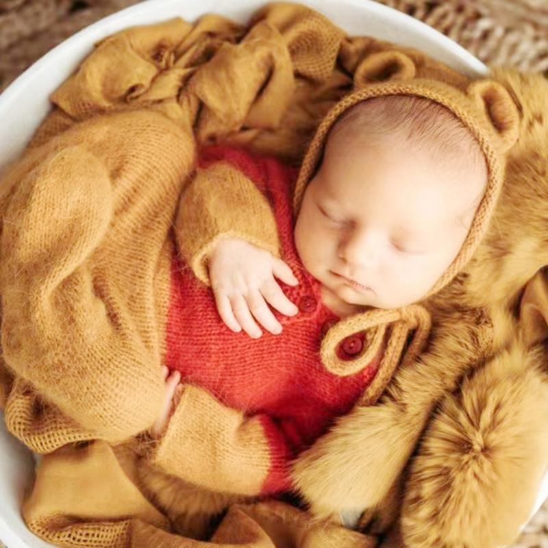 2pcs/set Newborn Photography Props Outfits Mohair Bear Hat & Footed Romper for Baby Photo Props Bodysuit Newborn Photo