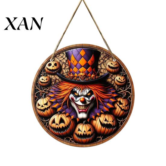 Front Door Welcome Plaque Halloween Wooden Sign, Round Hanging Pendant with Lanyard, Retro Distressed Pumpkin Sign Wood Skeleton/Pumpkin/Clown