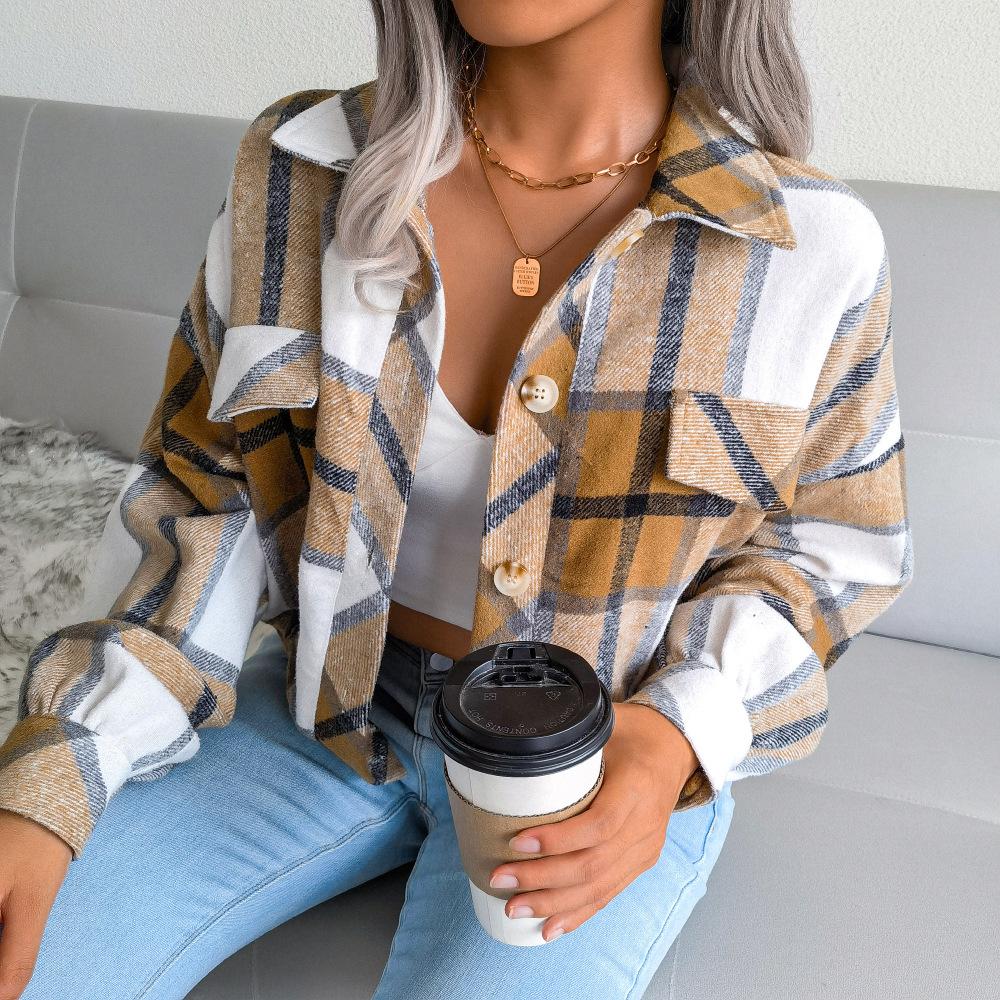 GMXIA Женские винтажные повседневные свободные осенне-зимние клетчатые куртки с лацканами с длинными рукавами и шерстяная куртка-фонарь