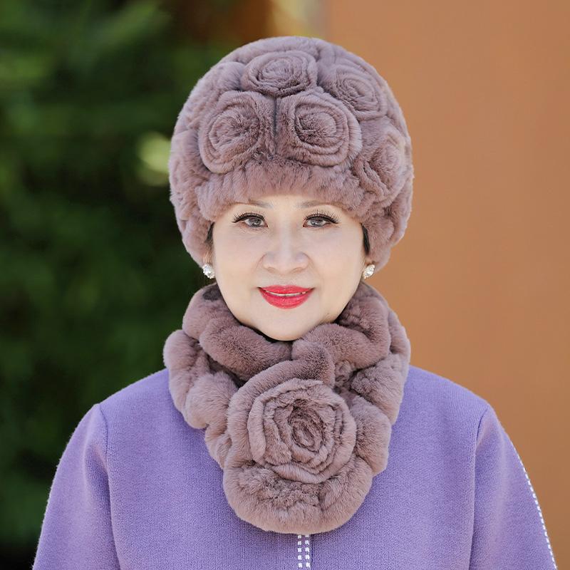 Вязаная шапка из меха кролика Рекс для женщин, зимняя, для пожилых бабушек, зимняя, утолщенная, теплая, для мам, для пожилых леди, меховая шапка