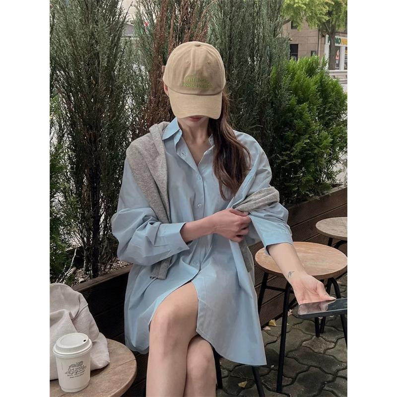 Blue Shirt Top Women's Autumn Design Lazy Style Niche Loose Mid-length Versatile Long-sleeved Button-down