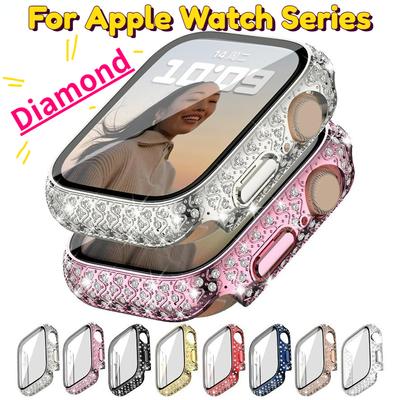 Крышка для часов с бриллиантами, встроенное закаленное стекло для Apple Watch Series 8, корпус 45 мм, 41 мм, блестящий защитный бампер для iWatch Series 7