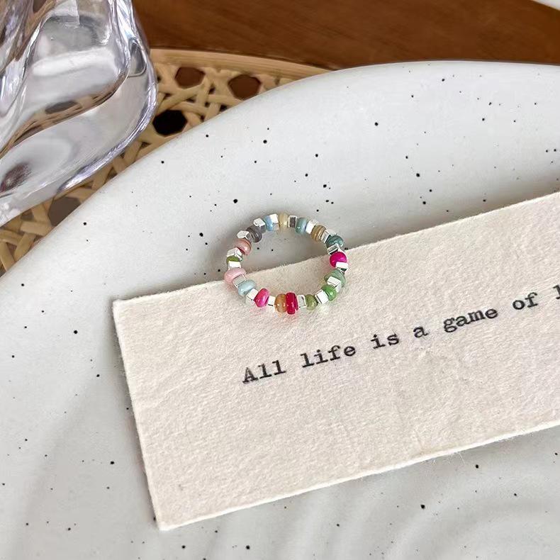 2025 Trendy High-End Colorful Beaded Silver Elastic Ring for Women