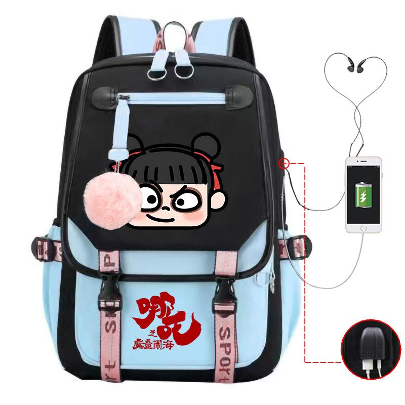 Мультяшный рюкзак Nezha многофункциональный с портом USB-зарядки для студентов