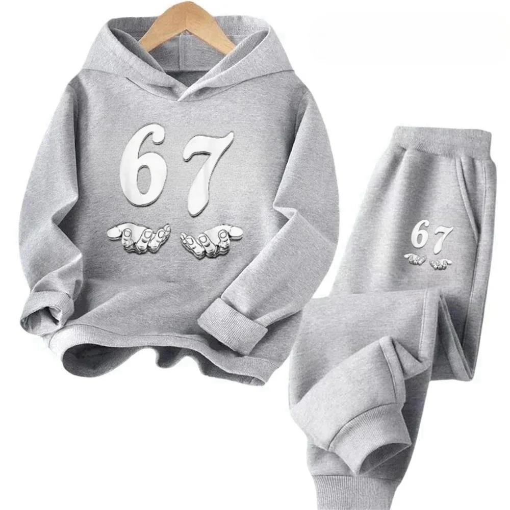 Bruh 67 Six Seven Funny Children's Hoodies Set Cartoon Print Tracksuit Casual Kids 2pcs Outfits Fashion Trend Pants Suit