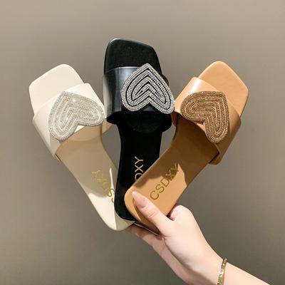 Женские тапочки Летние плоские тапочки Женские с квадратным носком Стразы Любовь Африканские Большой размер Один размер Тапочки