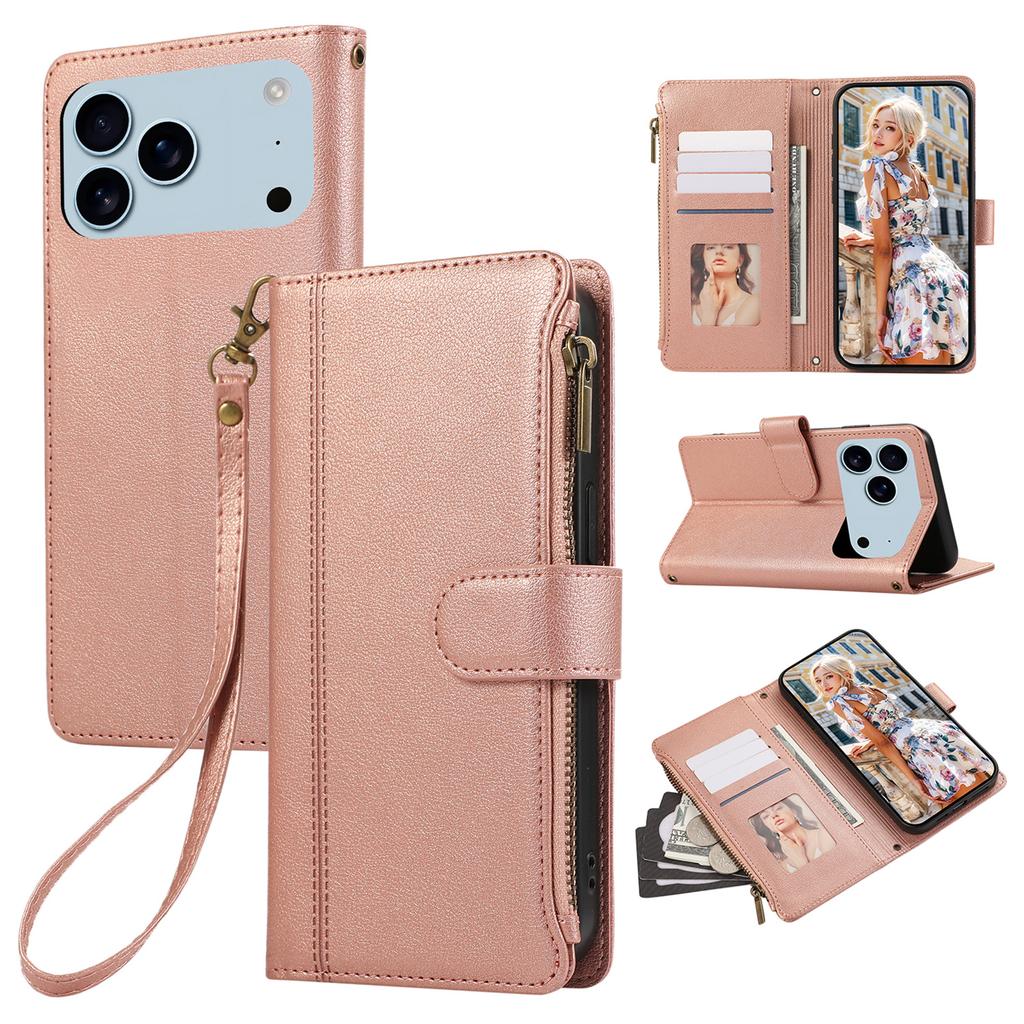 Чехол для iPhone 17 Pro с несколькими отделениями для карт, на молнии, кожаный чехол для телефона с ремешком на запястье