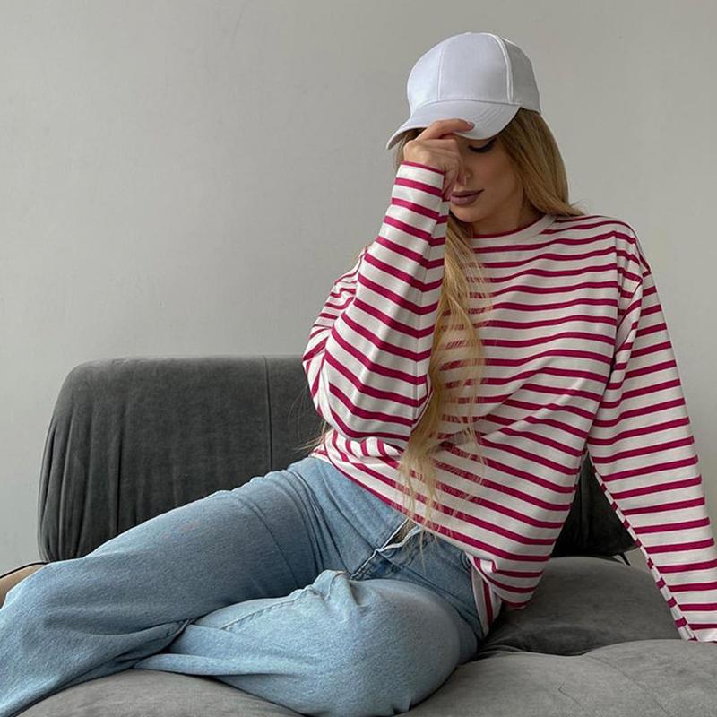 Женская полосатая футболка Hirsionsan с длинными рукавами, весна-лето 2023, большие футболки из 100% хлопка, женские повседневные шикарные футболки, топы для девочек