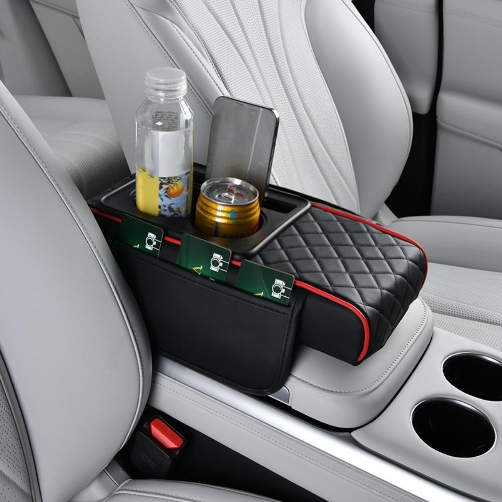 Car Center Console Height Increasing Armrest Cushion Multifunctional PU Leather Armrest Pad with Cup Holder Universal