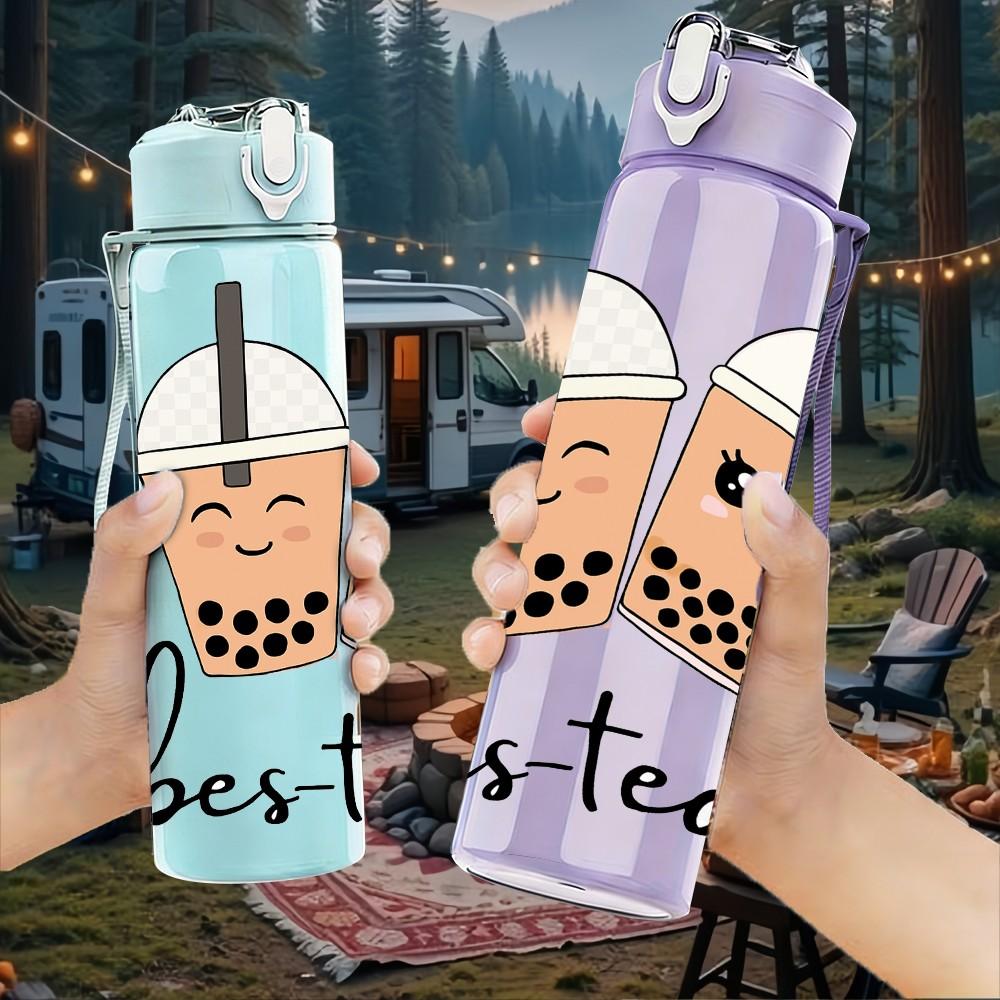 1PC Best Teas Bubble Milk Tea Cup Print 750ml Color Plastic Sports Water Bottle Leakproof Flip Straw Lid Suitable for Sports Office Home Use
