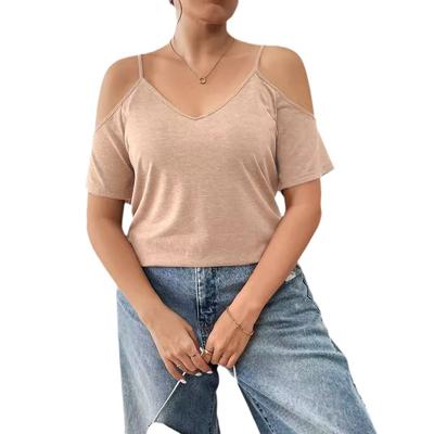 Женская летняя футболка больших размеров с открытыми плечами и подтяжками