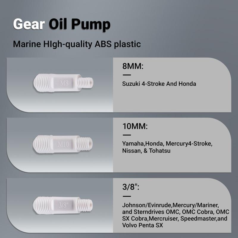 White Gear Oil Pump with 28mm Quart 38mm Gallon Bottle Cap and 3 Engine Adapters 8mm 10mm 3/8" For Outboard Sterndrive Motors