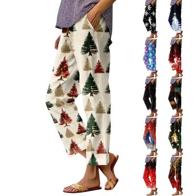Женские модные повседневные брюки с прямыми карманами и эластичной талией с рождественским принтом