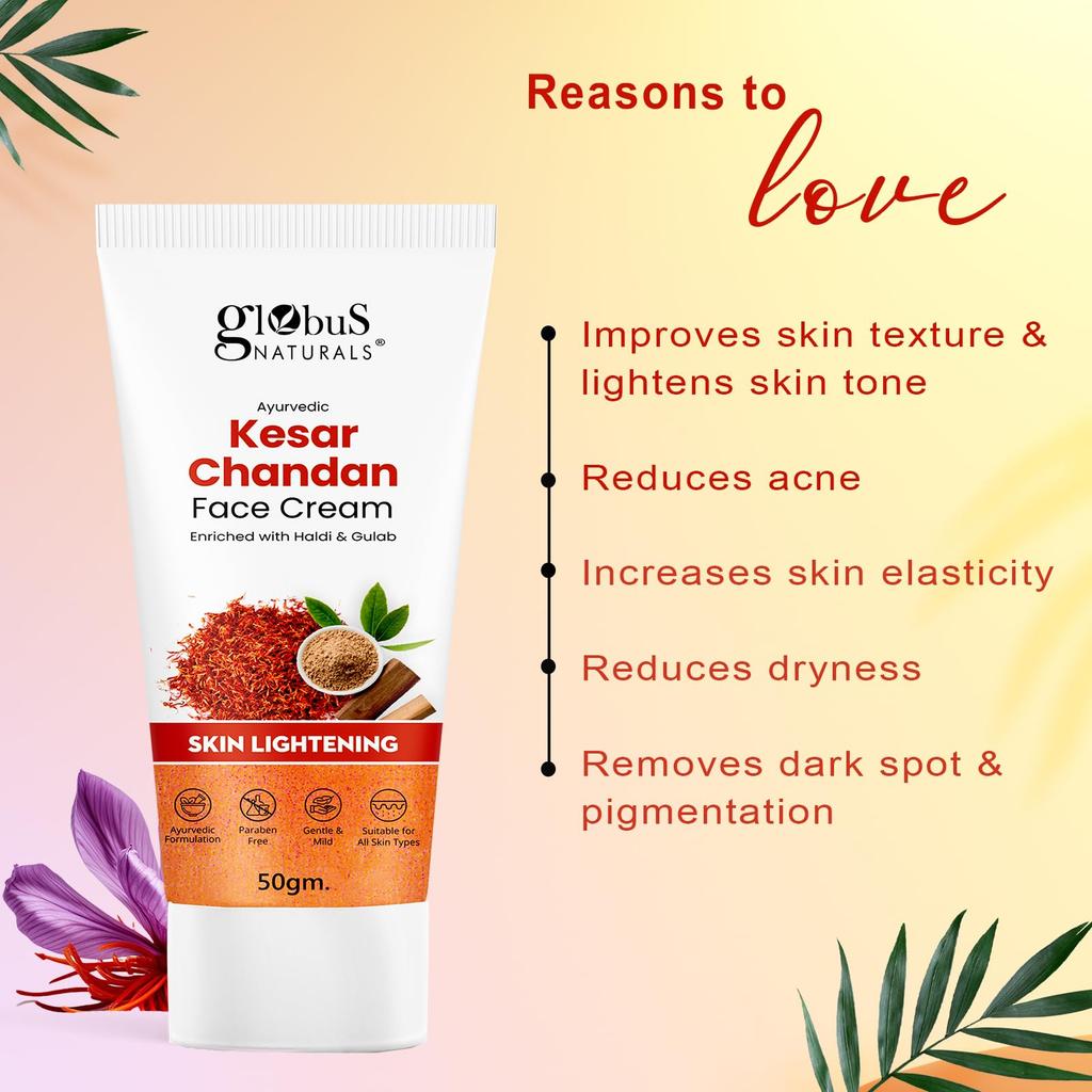Globus Naturals Daily Glow Kesar Chandan Face Cream with SPF, Skin Lightening Formula For All Skin Types, 50 gm (Pack of 1)
