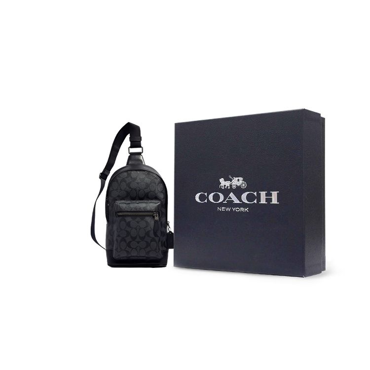 Coach West 20 Классический Логотип Многофункциональная Карманная Сумка-Кроссбоди из Покрытого Холста и Кожи Мужская Сумка-Кроссбоди Черная 2853-QBAF4