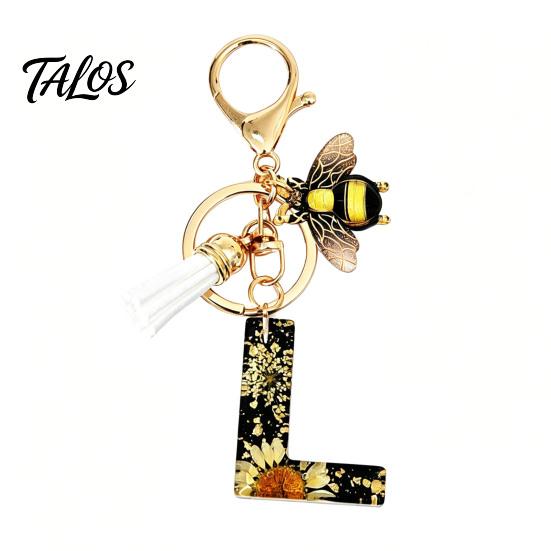 Talos Black Series Keychain Pendant, Dried Flower Initial Letter Charm Key Chain with Bee Tassel Design, A-Z Holder for Bag Purse Backpack