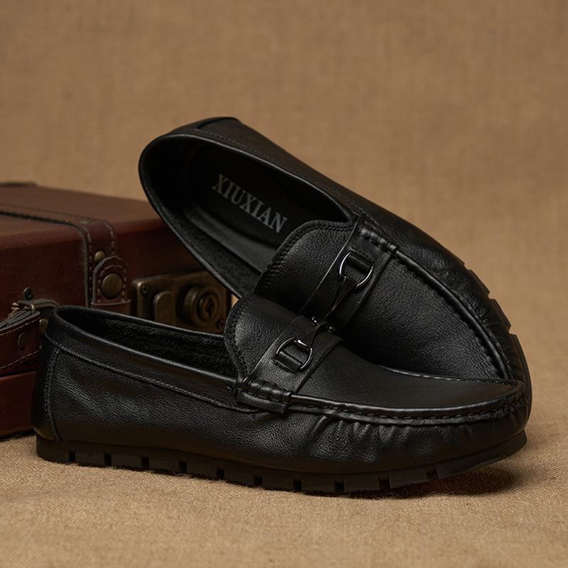 Летние Новые Туфли Дуду Мужские Натуральная Кожа Дышащие Корейская Версия Повседневные Ленивые Туфли Мягкая Подошва Однослойная Воловья Кожа Туфли для Вождения