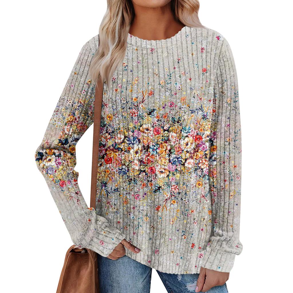 Women's Winter Color-Block Printed Lightweight Brushed-Cotton Round Neck Top