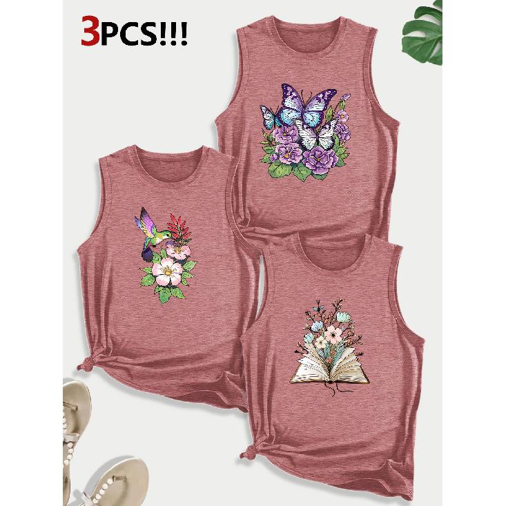 Portrait, floral, flamingo combination gift print pattern round neck3Pack of sleeveless vests for women in spring, summer, and autumn