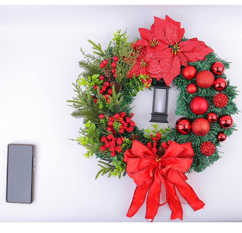 30/40CM Christmas Wreath Elegant Red Christmas Wreath with Warm Lamp Red Round Garland for Window Door Wall Ornament Decor