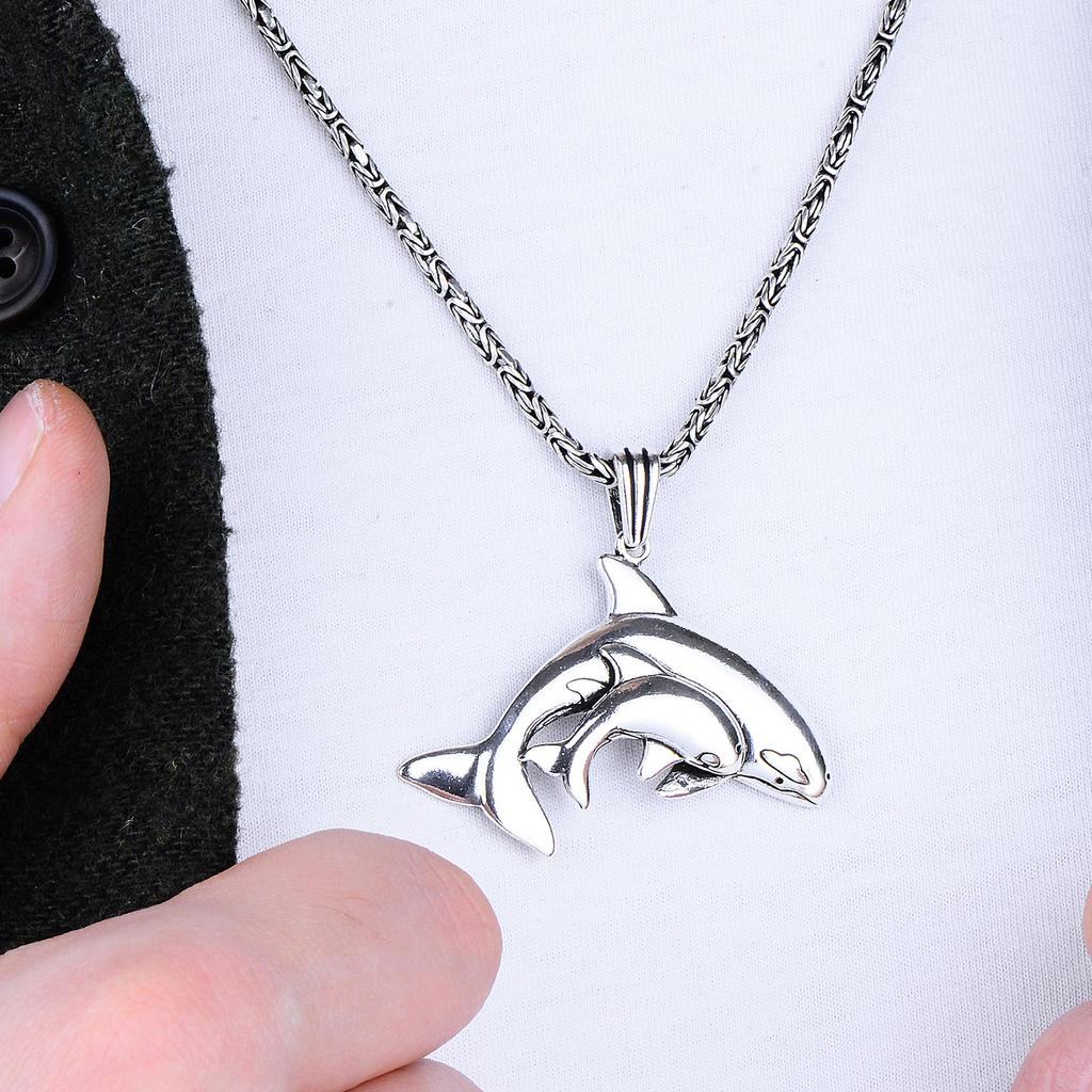Men's 925k Dolphin Pendant Necklace, Silver Byzantine Chain Necklace, Simple & Stylish Silver Jewelry, Handcrafted Turkish Artisan Piece