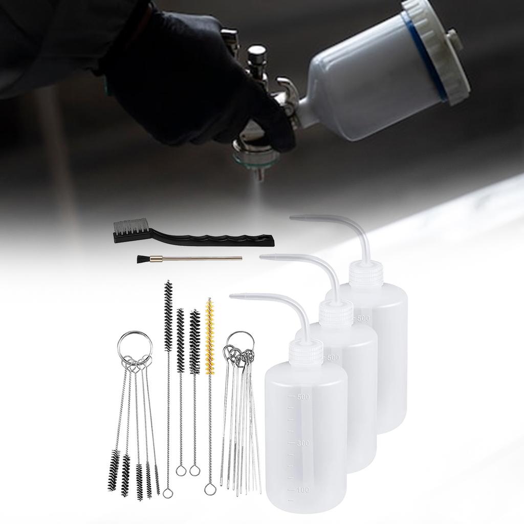 Набор для чистки портативного распылителя из 24 предметов включает 4 моющих бутылки с дозатором и 21 кисть для эффективного обслуживания краскопульта.
