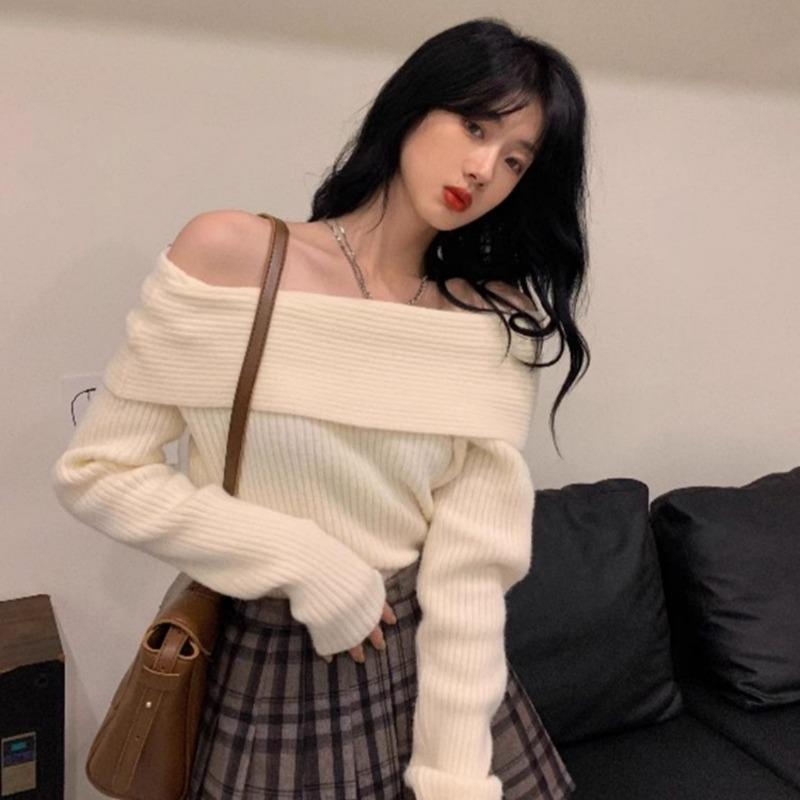 Осенние облегающие сексуальные свитера с открытыми плечами, вязаные свитера для женщин, модные повседневные зимние свитера с разрезом по шее, женские винтажные короткие джемперы, топы 25529