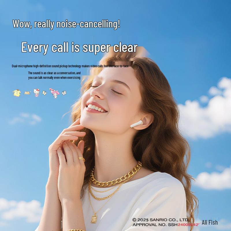 Hello Kitty Sanrio B03 Wireless Noise-Cancelling Earphones - Cute Cartoon Unisex Semi-In-Ear Bluetooth.