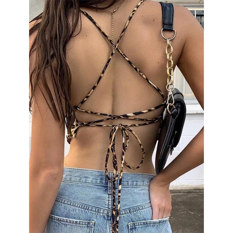 Леопардовый узор женские топы без рукавов с открытой спиной сексуальные наряды в стиле рейв без рукавов с перекрестной шнуровкой бюстгальтер-бралетт укороченный топ летняя уличная одежда