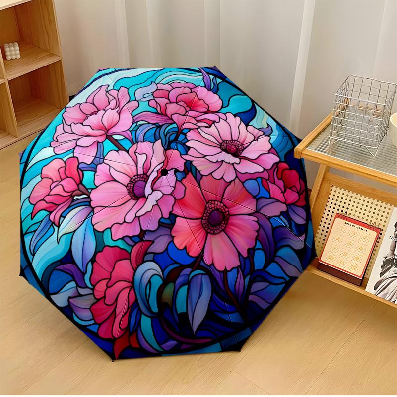 flower art Theme Automatic Umbrella Compact 8-Rib Design Sturdy Construction Durable Umbrella Stylish Accessory