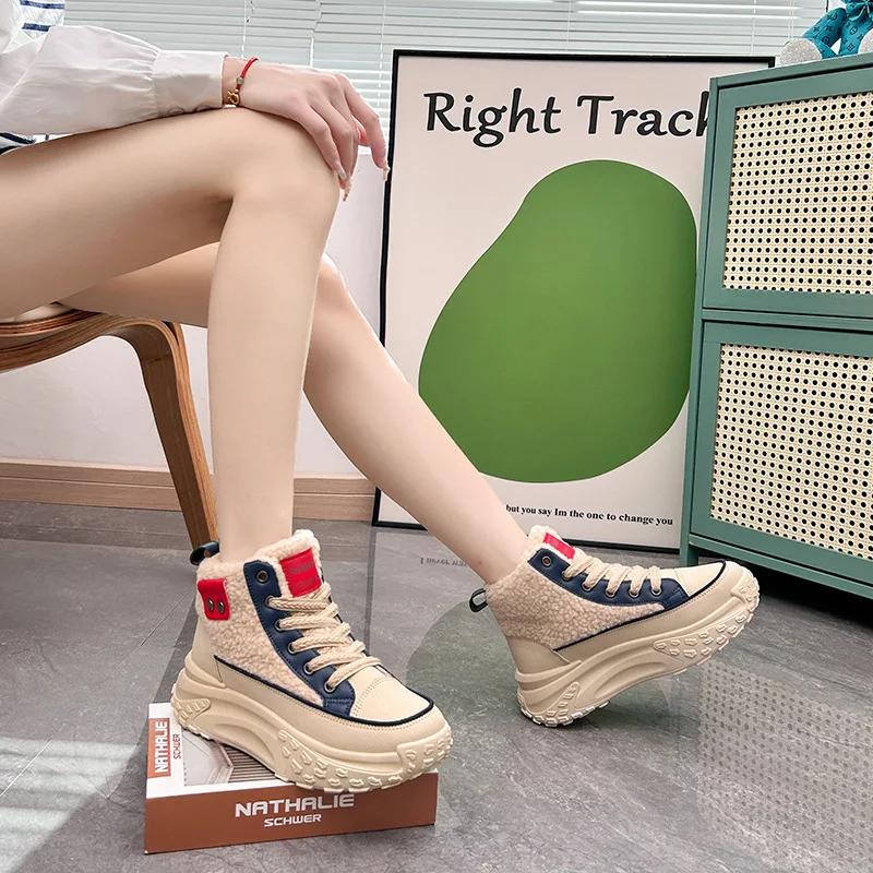 Winter Warm Lamb's Wool Students Cotton Shoes Tide Casual Flats Sneakers PU Plush Women Ankle Boots Lace Up Ladies Snow Boots