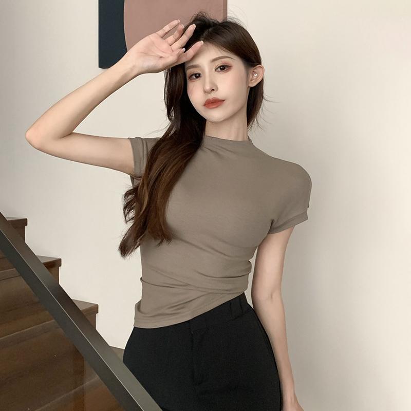 M-XL элегантная тонкая футболка с коротким рукавом для женщин, однотонная летняя полуводолазка, мягкий повседневный универсальный пуловер, топ