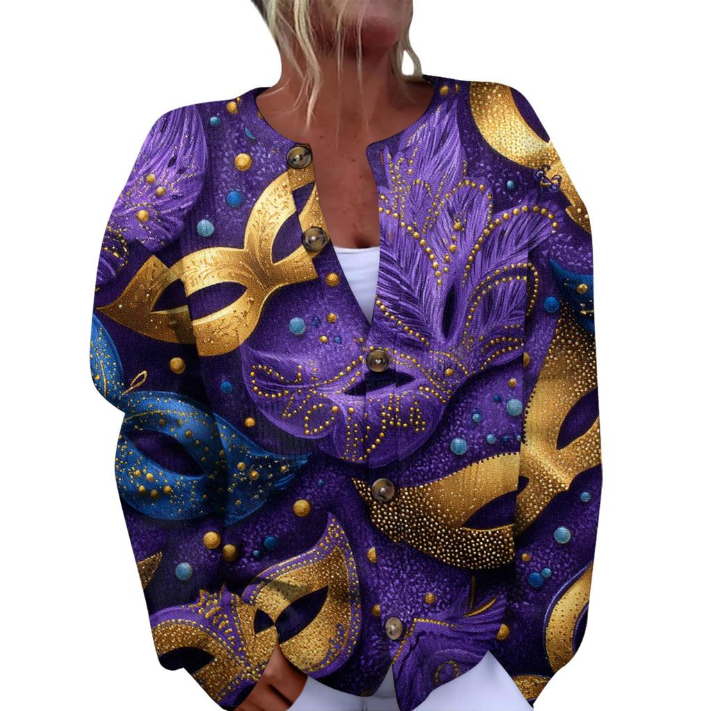 Women's Fashion Festival Printed Long-Sleeved Knitted Cardigan With Button-Front