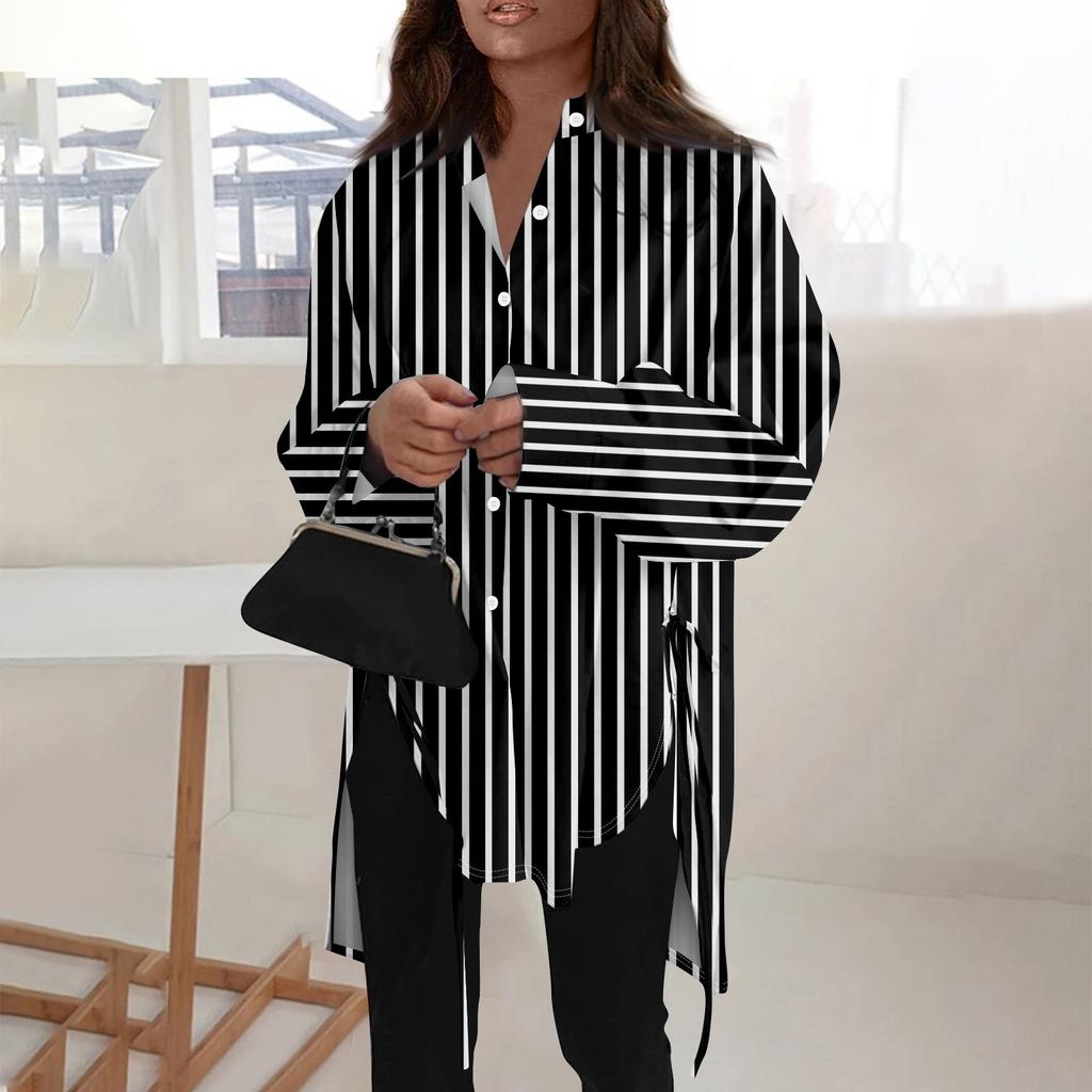 Модная повседневная однотонная рубашка с длинными рукавами и лацканами свободного типа для женщин