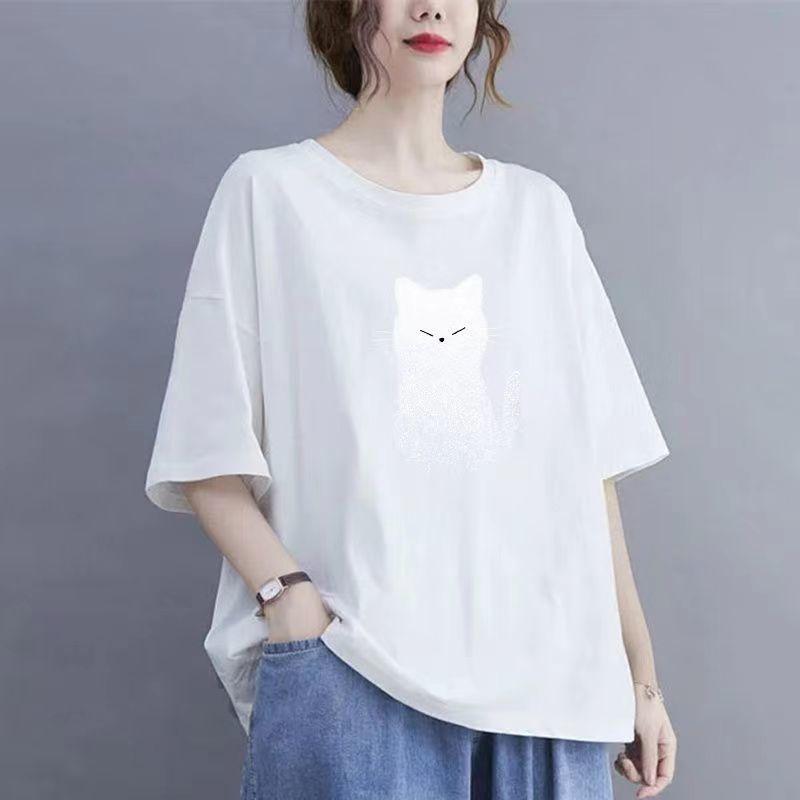 Short Sleeved T-shirt for Slimming and Concealing Summer Casual Print Versatile Round Neck Loose Top Summer Top Half-sleeve