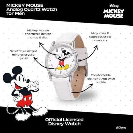Disney Микки Маус Взрослые Классические Кардифф Сочлененная Рука Аналоговые Кварцевые Часы на Кожаном Ремешке Белый 2 - Серебристый Корпус/Белый