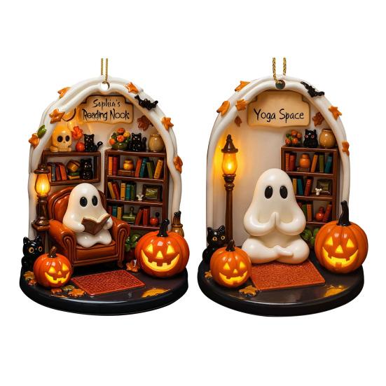 Halloween Ghost Ornament Acrylic Ghost-Themed Reading Cooking Painting Ornament Tree Hanging Decoration for Indoor Home Decor