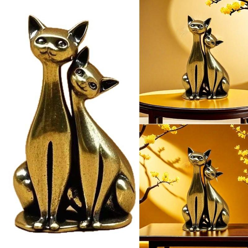 Согревающие Сердца Пара Влюбленных Котов Латунная Скульптура Сплавы Миниатюрное Украшение Домашний Декор Подарок для Пары или Любителя Котов