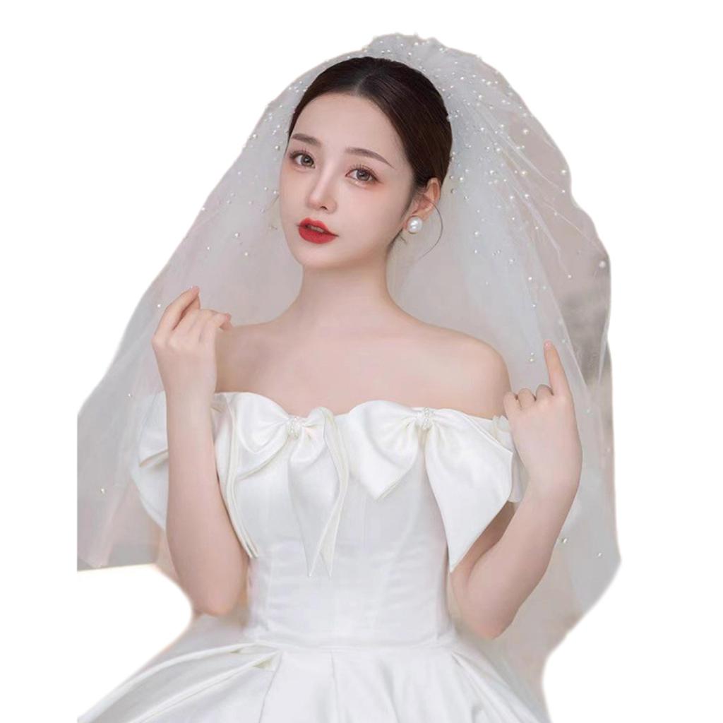 Elegant Bridal Lace Veil Women Pearl Tulle Bachelorette Party White Veil with Rhinestone for Wedding Performances