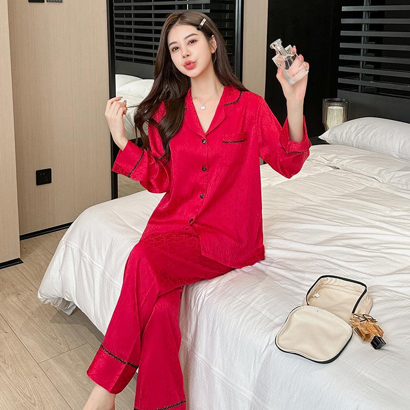R Full Version Light Luxury Jacquard Silk Couple Pajamas - Autumn/Winter Long Sleeve French Homewear