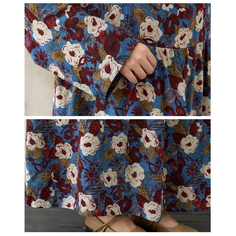 Осеннее тонкое хлопковое льняное длинное платье с цветочным принтом, круглым вырезом, длинным рукавом, свободным узким широким подолом, А-силуэт для женщин